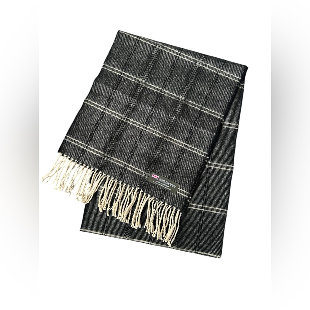 Luxury 100% Cashmere Scarf Made in Scotland Black and Beige Plaid Soft Unisex